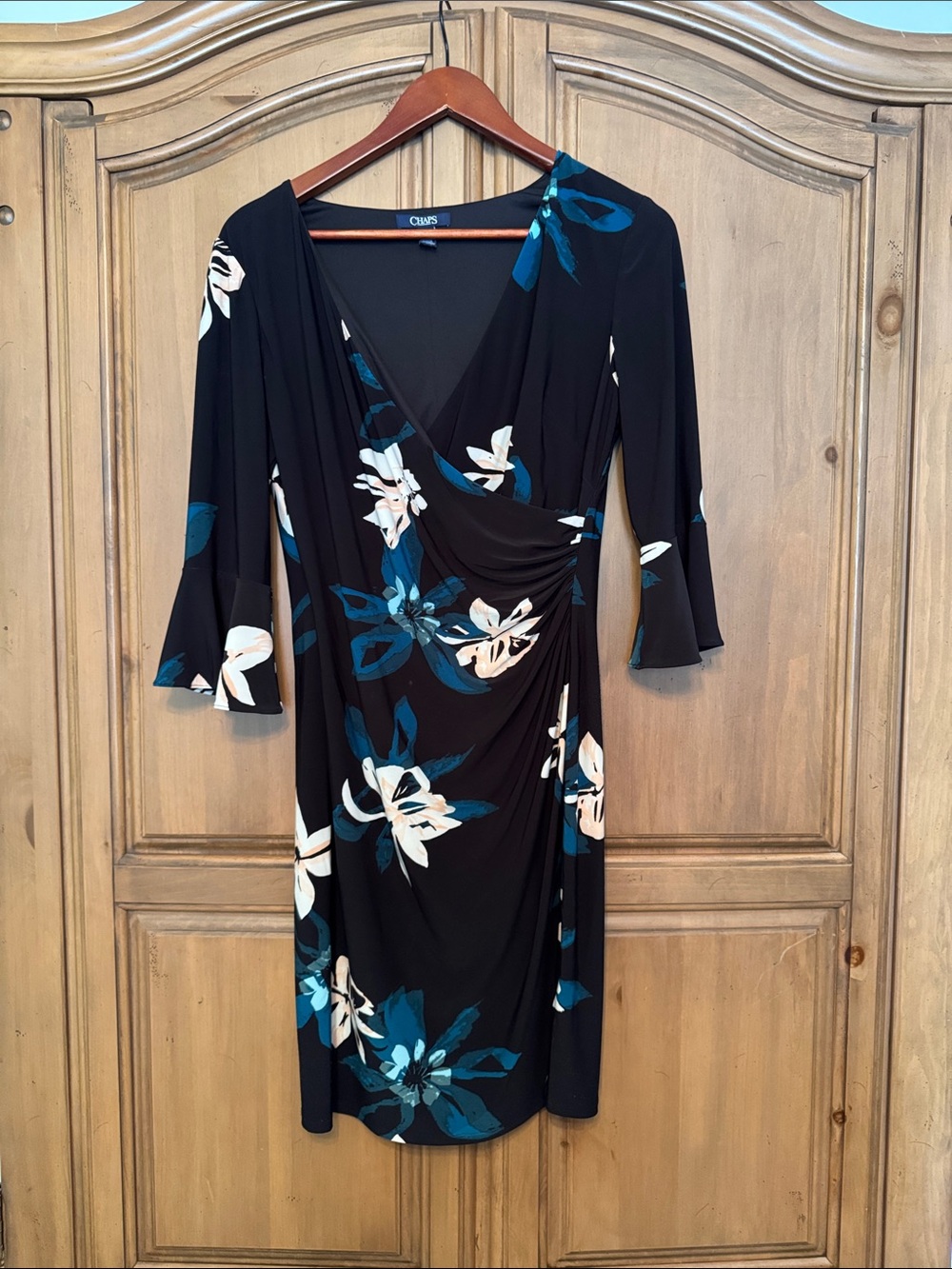 Chaps Black Dress with Teal and White Floral Print